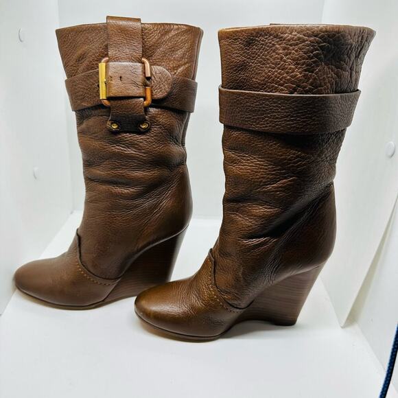 Chloe Prince Brown Mid Wedge Heel Leather Calf Boot Size 6 - Picture 6 of 14